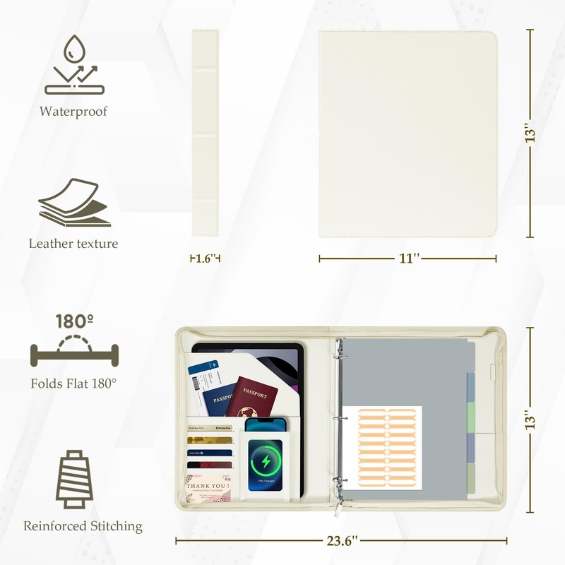 EYROZILL Zippered Leather 3 Ring Binder Organizer with Pockets –