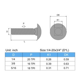 sourcing map 1/4-20x3/4" Carriage Bolt, 10pcs Round Head Square Neck Screws, 304 Stainless Steel, Fully Threaded, Silver