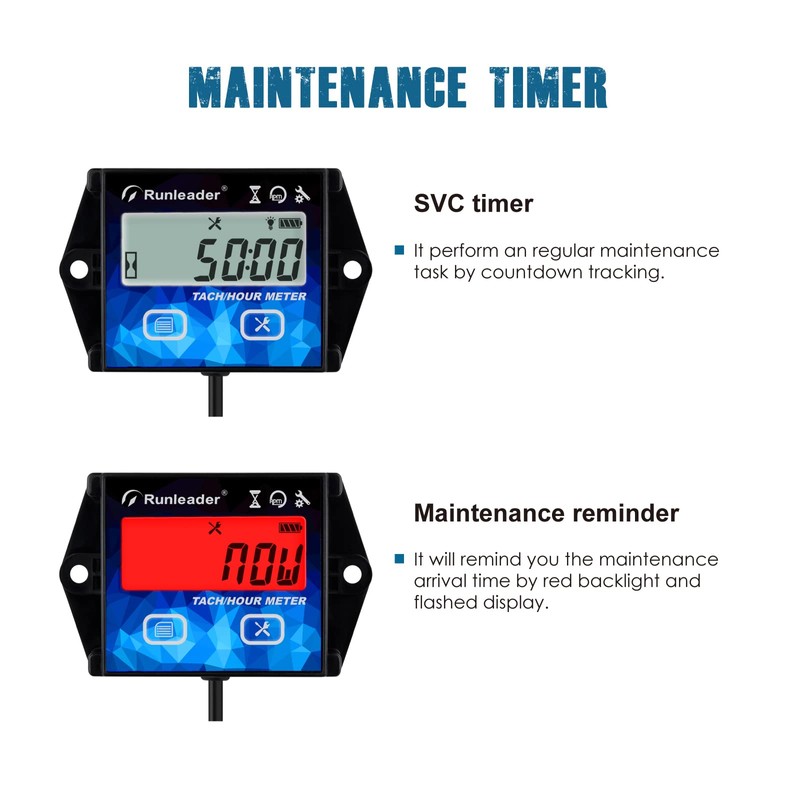 Runleader Digital Hour Meter Tachometer Gauge RPM Alert Backlights Display