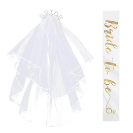 Sdhgerh Bride to Be Sash and Bride Pearl Tiara Veil Set Hen Do Party Glamour Accessories Wedding Party Bride Headband Veil and White Gold Sash for Wedding Bridal Shower Hen Party Decorations