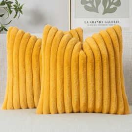 MIULEE Faux Fur Decorative Throw Pillow Covers 16x16 Inch Set of 2, Retro Vintage Boho Home Decor Soft Plush Couch Pillows Cozy Fluffy Cushion Covers for Sofa Bed Mustard Yellow