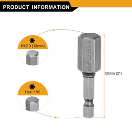 sourcing map H12.0 Hex Head Drill Bit Wrench 12mm Metric Flat Tip 1/4" Hex Shank 50mm (2") Long Magnetic Hexagonal Screw Driver Socket Industrial Screwdriver Power Bits