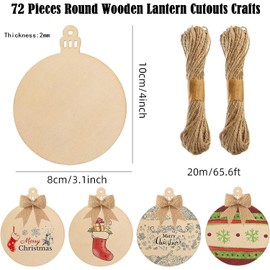 72 Pcs Wooden Christmas Ornaments Unfinished Wooden Circles with Holes Blank Round Wood Discs Slices Wooden Christmas Hanging Ornaments with Twine for DIY Crafts Present Tags Xmas Party Decor,3.1x4"