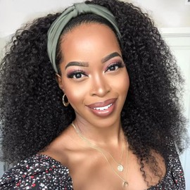 Headband Wig Human Hair Glueless Wigs for Black Women 16 Inch Kinky Curly Wig with Headband Attached 180 Density Briazilian Afro Half Wig No Gel Remy Curly None Lace Front Wigs Human Hair
