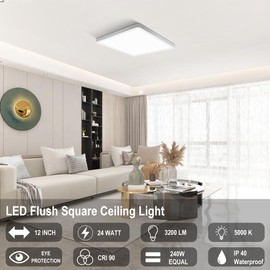 12 inch Square LED Ceiling Light, 3200LM 24W 5000K Daylight Super Bright Ceiling Lights, White Flush Mount LED Lamp, Recessed Lighting fixtures for Kitchen Bathroom Bedroom Hallway Office Garage