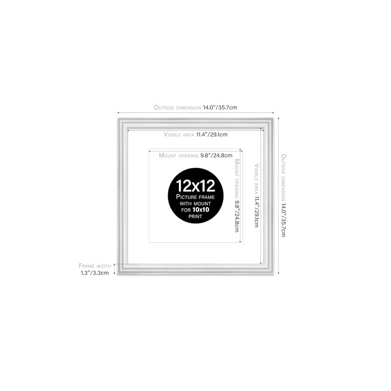 12x12 White Ornate Photo Frame With White Mat For 10x10