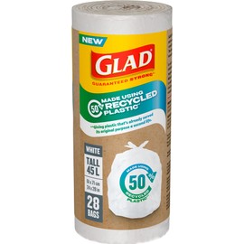 Glad White Garbage Bags - Tall 45 Litres - Made using 50% Recycled Plastic, 28 Trash Bags