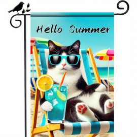 BlissYard Hello Summer Cat Garden Flag Beach Tuxedo Cat Garden Flag 12×18 Inch Double Sided Vertical Summer Coastal Seasonal Farmhouse Tropical Ocean Yard Flag Outdoor Decoration