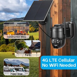 4G LTE Cellular Solar Security Camera Wireless Outdoor, No WiFi Solar Powered Camera, 360° Live View, 2K Color Night Vision, PIR Motion Sensor, 2 Way Talk, Built in SIM Card