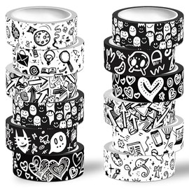Juego de 12 rollos de cinta Washi, 6 diseños de cinta decorativa de graffiti en blanco y negro para suministros de diario, diario basura, álbumes de recortes, manualidades y manualidades,