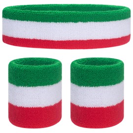 ONUPGO Kids Sweatbands Toddler Headband Wristband Set - Athletic Cotton Baby Sweat Band for Kids Youth Baby (1 Headband + 2 Wristbands) (Red/White/Green)