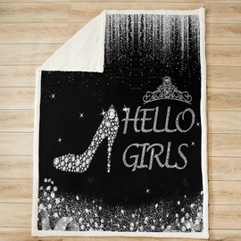 Loussiesd Hello Girls Fleece Throw Blanket for Girls Boys Glitter Silver Grey Plush Blanket Diamond High-heeled Shoes Sherpa Blanket Room Decor Crown Pastel Stylish Plush Blanket Single 50x60 Inch