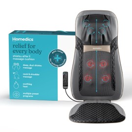 HoMedics Shiatsu Elite II Massage Cushion with Soothing Heat 2 Back Massage Styles, 3 Massage Zones, Spot Massage, Controller and Chair Straps