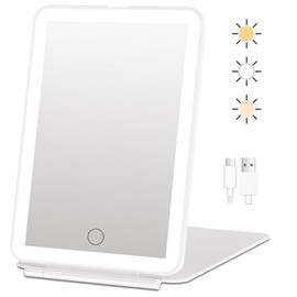 Infitrans Travel Makeup Mirror with Lights, 3 Colors Light Mode, Built in 1800mA Batteries Rechargable Portable Mirror,Vanity Mirror with Light Dimming Touch Sensor (White-7inch)