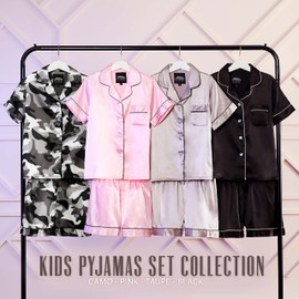 CityComfort Girls Pyjamas for Kids & Teenagers Summer Nightwear Sets Button Down Satin Short PJs Breathable Soft Loungewear Short Sleeved Jammies for Girls (7-8 Years, Taupe)