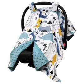 Baby Car Seat Canopy Cover - Dinosaur Jungle with Navy Blue Minky Dot