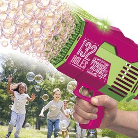 Turbo Bubble 132 Holes Bubble Machine Gun Toy for Kids with Liquid Solution and Colorful Light Up Effects, Birthday Party and Summer Fun Outdoor Play, Gift for Boys and Girls, Pink Green