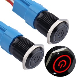 DMWD 2Pcs 16mm Latching Push Button Switch 12V-24V ON/Off 1NO 1NC Waterproof IP66 Black Metal Shell with Wire Socket Hole Power Symbol Light(Red Light)