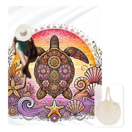 Zingtto Silky Soft 108"x84" Sand Proof Beach Blanket Sand Proof Mat with Corner Pockets and Fashion Mesh Bag for Beach Party, Travel, Camping and Outdoor Music Festival, Boho Mandala Sunset Turtle
