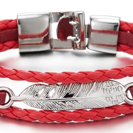 COOLSTEELANDBEYOND Feather White Braided Leather Bracelet for Men Women Three-Row Leather Wristband