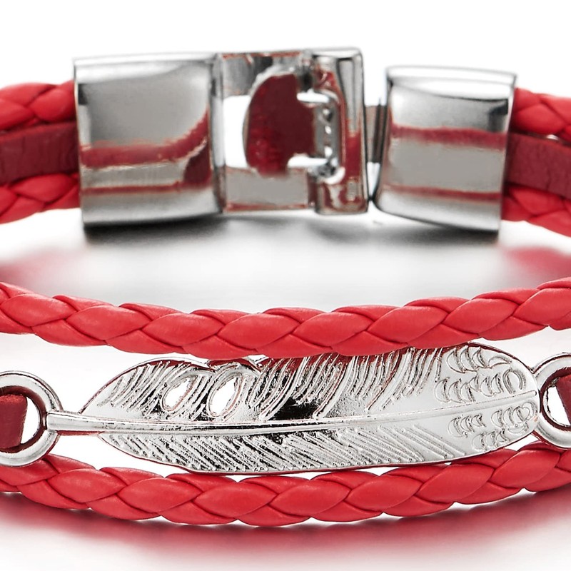 COOLSTEELANDBEYOND Feather White Braided Leather Bracelet for Men Women Three-Row
