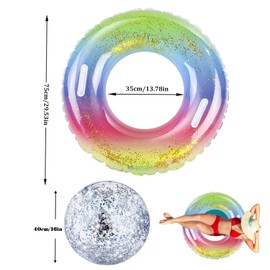 OdiuK Swimming Ring Adult Inflatable Sequins Swimming Ring with Handle, Summer Large Swimming Ring & Water Ball Durable Floating Ring, Air Mattress Ring for Swimming Pool Beach Parties 90 cm + 40 cm