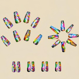 Stripe Dyeing Press on Nails Long Square Shaped Fake Nails with Colorful Feathers Designs Glossy Acrylic Nails Colorful Flowers False Nails Full Cover Stick on Nails for Women DIY Manicure 24 Pcs