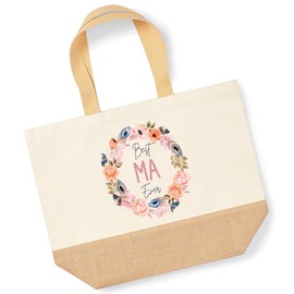 Lovely Mothers Day Shopper Bag - Best Ma Ever Flower Wreath - Jute Canvas X-Large Tote Bag - Mothers Day Mum Mom Mummy XL natural