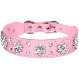 Serijoars Rhinestone Dog Collar, Cute Flower Rhinestone Cat Dog Collar Bling Collar PU Leather Collar Adjustable Sizes XS Small Medium (XS, Pink)