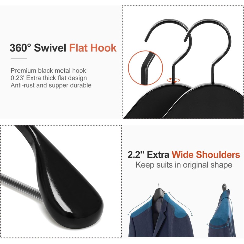 TOPIA HANGER Black Wooden Coat Hanger 6 Pack, Wide Shoulder
