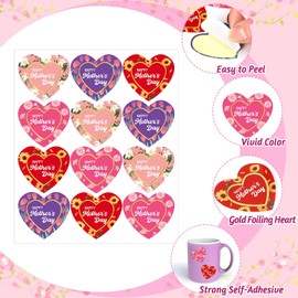 FEBSNOW Happy Mother's Day Stickers, 48Pcs Heart Floral with Gold Foiling Mother's Day Gift Labels Stickers Envelope Sealing Self Adhesive Present Decals for Mother's Day Party Favor Decorations
