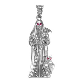925 Sterling Silver Red CZ-Studded Charm Santa Muerte Pendant
