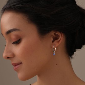 LeCalla 925 Sterling Silver Jewelry Blue Sapphire Birthstone Hoop Earrings for Teens and Women (3MM Round Cut)