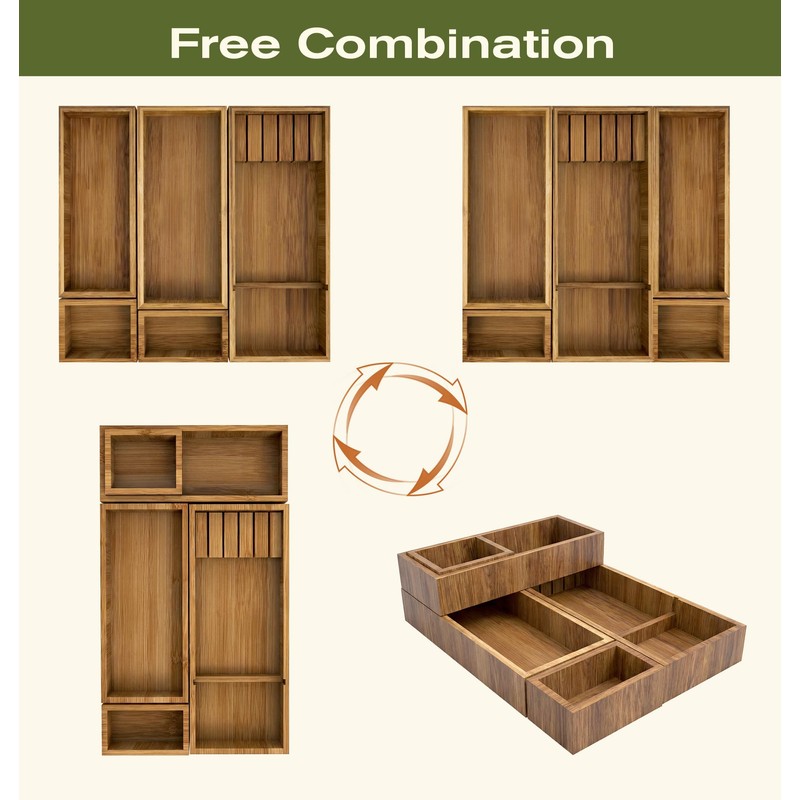 KOCWELL Bamboo Silverware Drawer Organizer with Knife Block, 5 Removable
