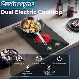 Cusinesync 2 Burner Electric Cooktop 12 Inch, Electric Stove Top with Knob Control, 2000W Ceramic Cooktop, Built-in & Countertop, Great for the Elderly 2025 New