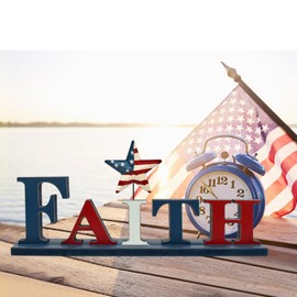 K KILIPES 4th of July Wood Patriotic Star Faith Sign Memorial Day Table Decoration Free Standing Wooden Word Cutout Letters Centerpiece Sign Independence Day Veterans Party Home Shelf Mantle Decor