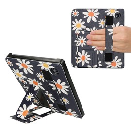 kwmobile Protective Case Compatible with Kobo Libra 2 Case - Faux Leather Case with Stand and Hand Strap - Small Daisy - Blue White Yellow