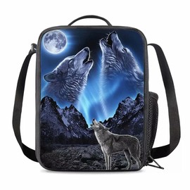 chaqlin Blue Galaxy Wolf Lunch Bags for Kids Children,School Lunch Box for Kids Boys & Girls with Large Bottle Holder, Reusable Adults Lunch Tote for Work Travel