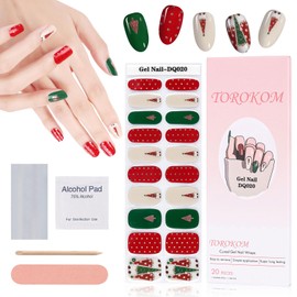 TOROKOM Christmas Cured Gel Nail Strips,Dwarf Gel Nail Polish Strips Long Lasting Waterproof Full Nail Wraps Stickers with Stick, Nail File, Wipes & Sealing(UV/LED Lamp Required)