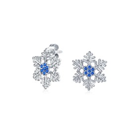 Holiday Party Winter Flower Christmas Jewelry Ice Blue CZ Accent Branch Snowflake Stud Earring For Women Teens .925 Sterling Silver
