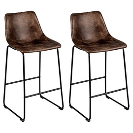 COSTWAY Bar Stools Set of 2, Vintage Faux Leather Suede Chairs with Metal Legs, Back and Footrest, 30" Height Stools for Kitchen Island, Pub, Dining Room, Brown