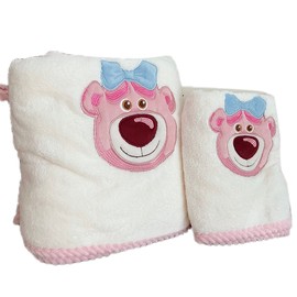 2PCS Bath Towel Cute Bear Pattern Hemp Lace Soft Absorbent Coral Fleece Shower Towel White