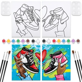 VOCHIC 2 Pack Couples Paint Party Kits Pre Drawn Canvas for Adults Paint and Sip Kit Date Night Games for Couples Painting Valentine's Day (8x10 Inches, Sneakers)