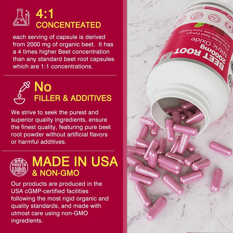 Beet Root Capsules 2000mg Nitric Oxide Supplements w/ Grape Seed