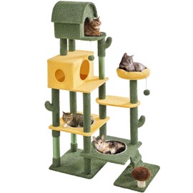 Yaheetech Cactus Cat Tree, Large Cat Tree for Indoor Cats, Multi-Level Cat Tower with 2 Large Condo, Scratching Posts, 2 Acrylic Clear Bowls and Dangling Balls, 68.5in