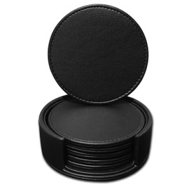 Faux leather round Tea Coasters with cover, pack of 6 for Dinner table and bars (Black)