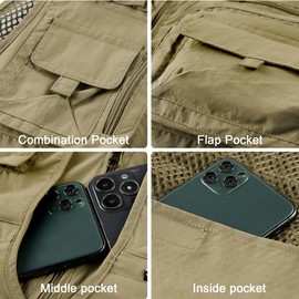 IBIH Mens Outdoor Vest Breathable Quick-Dry Fishing Vest Camping Hiking Lightweight Vest with Multi-Pocket,Khaki,Small