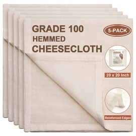 eFond Cheese Cloths, 5-Pack, 20x20Inch Squares with Hemmed Edges, Grade 100 Ultra Fine Reusable Cheesecloth for Straining, Unbleached Cotton Muslin Cloths for Cooking, Nut Milk, Butter & Baking
