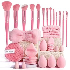 Juego de 33 brochas de maquillaje, base sintética de primera calidad, correctores de polvo, sombras de ojos, rubor, brochas de maquillaje (rosa, juego