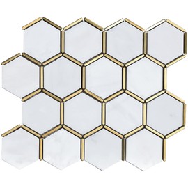NBG-6 3" Honeycomb Hexagon White and Gold Metal Stainless Steel Polished Marble Tile (1 Sheet)
